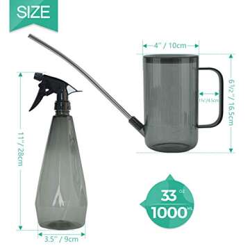 T4U 1L Watering Can Long Spout Plastic, Stainless Steel Spout Water Can with Fine Mist Spray Bottle for Indoor Outdoor Use, Modern Water Sprayer Bottle with Handle for Gardening and Cleaning (Grey)