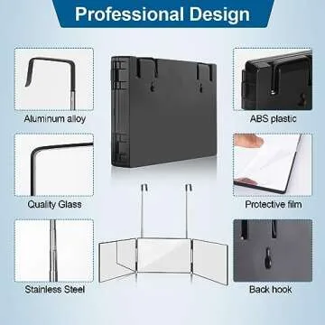 3 Way Trifold Haircut Mirror, 360 Degree Mirror for Hair Cutting, Shaving, Grooming, Hair Styling, Dye Hair and Makeup with Adjustable Height Brackets, Portable for Travel, Bedrooms, Bathroom (Black)