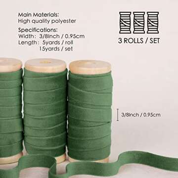 Vitalizart Green Velvet Ribbon Set 3/8" x 15 Yd Wooden Spool Fabric Trim 3 Rolls * 5 Yd for Christma...
