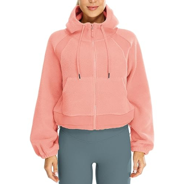 icyzone Women's Full Zip Hooded Fleece Jacket, Oversized Cropped Warm Sweatshirt with Pockets (Pale ...