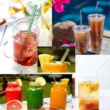 AMZSOCKETS Reusable Glass Straws - 9" L x 8 mm W - Smoothie Drinking Straws for Smoothie, Milkshakes, Pack of 6 with 1 Cleaning Brush (mix1)