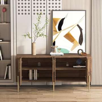 roomfitters Mid Century Modern TV Stand for TVs up to 65", Sideboard Buffet Cabinet with Storage, Credenza for Living Room, Entertainment Center with Doors, Walnut Media Console, Gold Legs