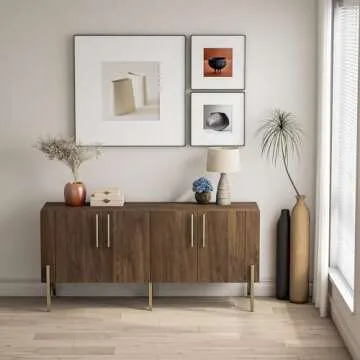 roomfitters Mid Century Modern TV Stand for TVs up to 65", Sideboard Buffet Cabinet with Storage, Credenza for Living Room, Entertainment Center with Doors, Walnut Media Console, Gold Legs