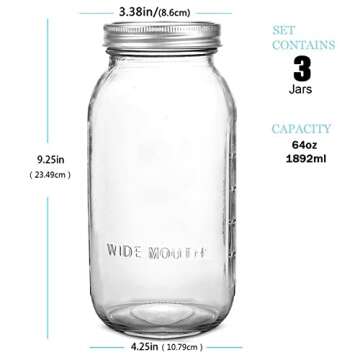 Yniken 3 Pack Large Mason Jars 64 oz Wide Mouth Half Gallon Mason Jars with Airtight Lid and Band, Durable Glass Food Storage Jars, Clear Glass Jars for Canning, Fermenting, Pickling, Storing
