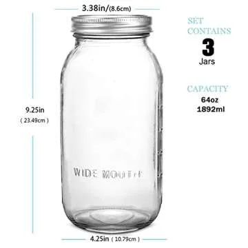 Yniken 3 Pack Large Mason Jars 64 oz Wide Mouth Half Gallon Mason Jars with Airtight Lid and Band, Durable Glass Food Storage Jars, Clear Glass Jars for Canning, Fermenting, Pickling, Storing