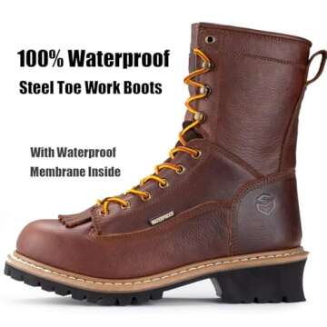 SUREWAY Men's 8" Waterproof Steel-Toe Logger Work Boot,Superior Oil/Slip Resistant,Thicker Full Grain Leather,Wedge Rubber Sole,EH Rated