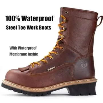 SUREWAY Men's 8" Waterproof Steel-Toe Logger Work Boot,Superior Oil/Slip Resistant,Thicker Full Grain Leather,Wedge Rubber Sole,EH Rated