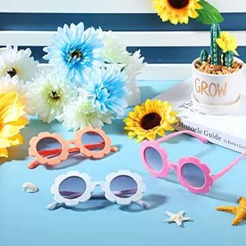 3 Pieces Kids Flower Sunglasses Toddler Girls Round Flower Glasses Baby Cute Sunglasses Outdoor Beach Colorful Eyewear (Orange Pink, Pink, White)