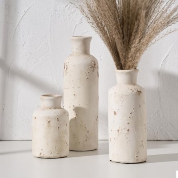 SIDUCAL Ceramic Rustic Farmhouse Vase Set of 3 - Distressed Cream Decorative Vases