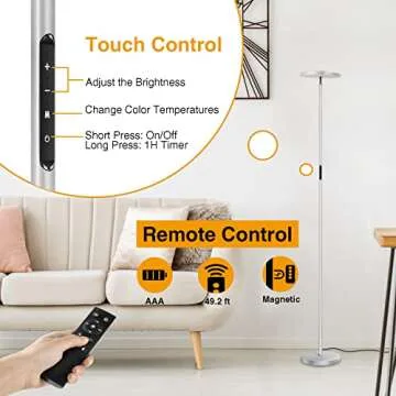 OUTON Floor Lamp, 30W/3000LM LED Modern Torchiere Sky Lamp, Super Bright Dimmable Standing Tall Lamp with 4 Color Temperatures, Remote Touch Control, Timer for Living Room Bedroom Office, Silver Grey
