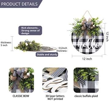 Vofuly Spring Summer Door Wreath, Buffalo Plaid Check Decor for Farmhouse Porch 12 Inch