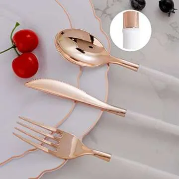 WDF 90Pieces Rose Gold Plastic Silverware - Rose Gold Plastic Cutlery with White Handle- Heavy Duty Plastic Silverware Include 30Forks, 30 Spoons, 30 Knives for Wedding, Party, Thanksgiving