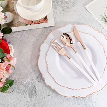 WDF 90Pieces Rose Gold Plastic Silverware - Rose Gold Plastic Cutlery with White Handle- Heavy Duty Plastic Silverware Include 30Forks, 30 Spoons, 30 Knives for Wedding, Party, Thanksgiving