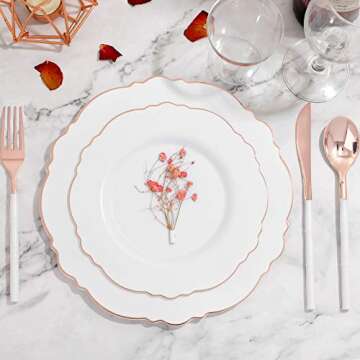 WDF 90Pieces Rose Gold Plastic Silverware - Rose Gold Plastic Cutlery with White Handle- Heavy Duty Plastic Silverware Include 30Forks, 30 Spoons, 30 Knives for Wedding, Party, Thanksgiving