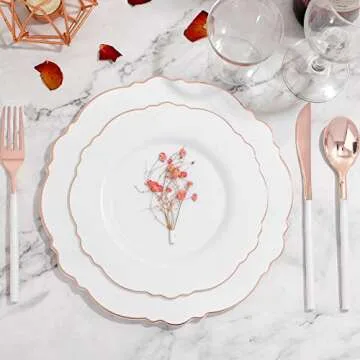 WDF 90Pieces Rose Gold Plastic Silverware - Rose Gold Plastic Cutlery with White Handle- Heavy Duty Plastic Silverware Include 30Forks, 30 Spoons, 30 Knives for Wedding, Party, Thanksgiving