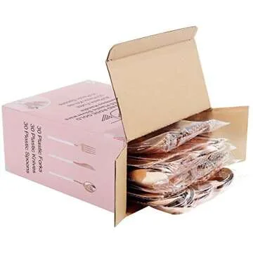 WDF 90Pieces Rose Gold Plastic Silverware - Rose Gold Plastic Cutlery with White Handle- Heavy Duty Plastic Silverware Include 30Forks, 30 Spoons, 30 Knives for Wedding, Party, Thanksgiving