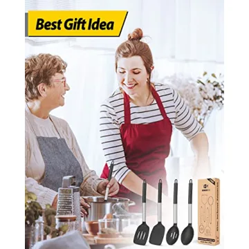Pack of 4 Silicone Cooking Utensils Set, Non Stick Large Solid Spatulas, Heat Resistant Black Slotted Spoons, Ideal BPA Free Kitchen Turners for Frying, Mixing,Serving,Draining,Turning,Stirring