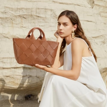 BOSTANTEN Woven Tote Bag for Women Top Handle Purses and Handbags Shoulder Crossbody Purse With Zipper,Brown