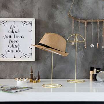 MyGift 14-Inch Brass-Tone Metal Wire Hat Holder Display Stand, Tabletop Wig, Toupee, Cowboy Hat, Fedora Rack, Set of 2