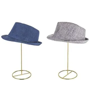 MyGift 14-Inch Brass-Tone Metal Wire Hat Holder Display Stand, Tabletop Wig, Toupee, Cowboy Hat, Fedora Rack, Set of 2