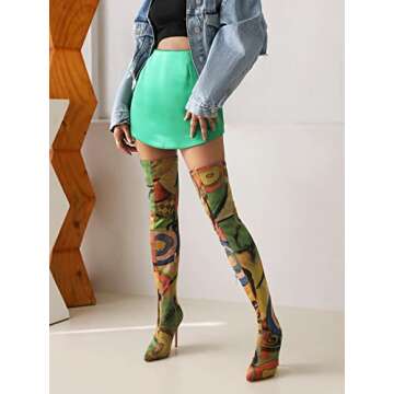 vivianly Women's Sexy Printed Stretchy Thigh High Boots Pointy Toe Stiletto Heel Booties Over The Kn...
