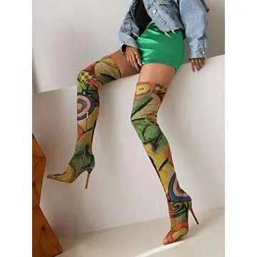 vivianly Women's Sexy Printed Stretchy Thigh High Boots Pointy Toe Stiletto Heel Booties Over The Knee High Heel Boot Size 9