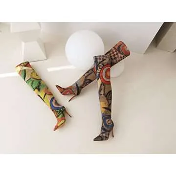 vivianly Women's Sexy Printed Stretchy Thigh High Boots Pointy Toe Stiletto Heel Booties Over The Knee High Heel Boot Size 9