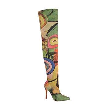 vivianly Women's Sexy Printed Stretchy Thigh High Boots Pointy Toe Stiletto Heel Booties Over The Knee High Heel Boot Size 9