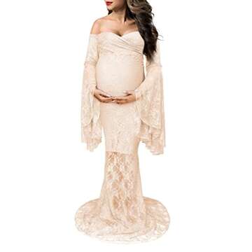 Saslax Off Shoulder Sweetheart Neckline Lace Maternity Dress for Photoshoot Slim Fitted Maxi Materni...