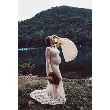 Saslax Off Shoulder Sweetheart Neckline Lace Maternity Dress for Photoshoot Slim Fitted Maxi Maternity Props Dresses for Photography Baby Shower Champagne Medium