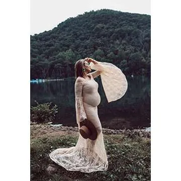 Saslax Off Shoulder Sweetheart Neckline Lace Maternity Dress for Photoshoot Slim Fitted Maxi Maternity Props Dresses for Photography Baby Shower Champagne Medium