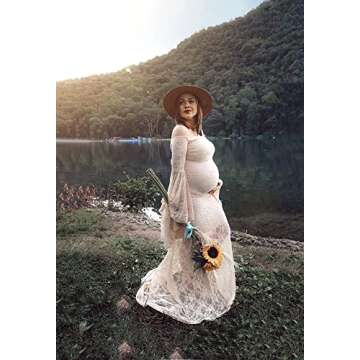 Saslax Off Shoulder Sweetheart Neckline Lace Maternity Dress for Photoshoot Slim Fitted Maxi Maternity Props Dresses for Photography Baby Shower Champagne Medium