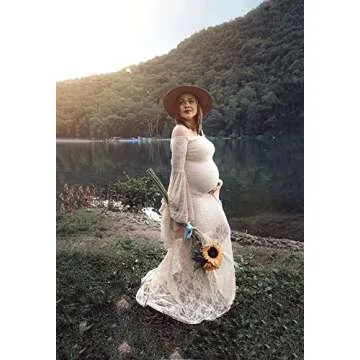 Saslax Off Shoulder Sweetheart Neckline Lace Maternity Dress for Photoshoot Slim Fitted Maxi Maternity Props Dresses for Photography Baby Shower Champagne Medium