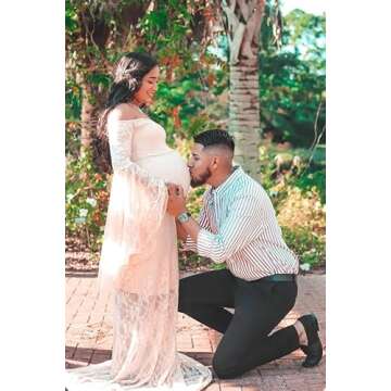 Saslax Off Shoulder Sweetheart Neckline Lace Maternity Dress for Photoshoot Slim Fitted Maxi Maternity Props Dresses for Photography Baby Shower Champagne Medium