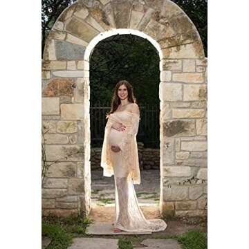 Saslax Off Shoulder Sweetheart Neckline Lace Maternity Dress for Photoshoot Slim Fitted Maxi Maternity Props Dresses for Photography Baby Shower Champagne Medium
