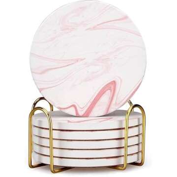 6 Pcs Cute Pink Marble Coasters Set for Drink Beverages Absorbent Ceramic Cup Coasters with Holder D...