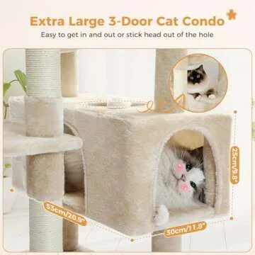 PAWZ Road Large Cat Tree, 72 Inches Cat Tower for Large Cats, Cat Condo with Sisal-Covered Scratching Posts and Pads, 2 Padded Perch, Dual Condo and Basket for Indoor Cats-Beige