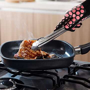 J H Heat Resistant Oven Glove:EN407 Certified 932 °F, 2 Layers Silicone Coating, Oven Mitts for Cooking,Kitchen,Fireplace, Grilling,1Pair (Black Shell with Coral, Women Fits All)