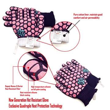 J H Heat Resistant Oven Glove:EN407 Certified 932 °F, 2 Layers Silicone Coating, Oven Mitts for Cooking,Kitchen,Fireplace, Grilling,1Pair (Black Shell with Coral, Women Fits All)