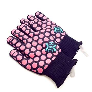 J H Heat Resistant Oven Glove:EN407 Certified 932 °F, 2 Layers Silicone Coating, Oven Mitts for Cooking,Kitchen,Fireplace, Grilling,1Pair (Black Shell with Coral, Women Fits All)