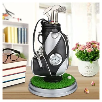 10L0L Mini Desktop Golf Bag Pen Holder with Golf Pens Clock 6-Piece Set of Golf Souvenir Tour Souven...