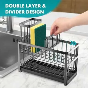 Sponge Holder for Kitchen Sink Organizer Caddy,2 Tier Dish Brush Scrubber Holder,Stainless Steel Sink Box Utensil Holder with Stand,Soap Dispenser Set Tray,Kitchen Counter Accessories & Storage Rack