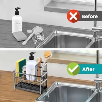 Sponge Holder for Kitchen Sink Organizer Caddy,2 Tier Dish Brush Scrubber Holder,Stainless Steel Sink Box Utensil Holder with Stand,Soap Dispenser Set Tray,Kitchen Counter Accessories & Storage Rack