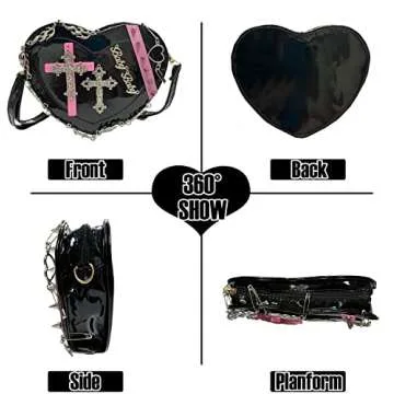 Goth Purse Kawaii Gothic Bag Y2K Heart Shaped Bag Punk Cross Decor Bag Studded Crossbody Bag (Black)