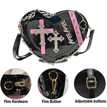 Goth Purse Kawaii Gothic Bag Y2K Heart Shaped Bag Punk Cross Decor Bag Studded Crossbody Bag (Black)