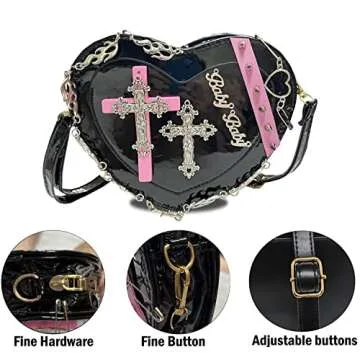Goth Purse Kawaii Gothic Bag Y2K Heart Shaped Bag Punk Cross Decor Bag Studded Crossbody Bag (Black)