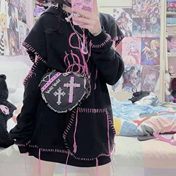 Goth Purse Kawaii Gothic Bag Y2K Heart Shaped Bag Punk Cross Decor Bag Studded Crossbody Bag (Black)