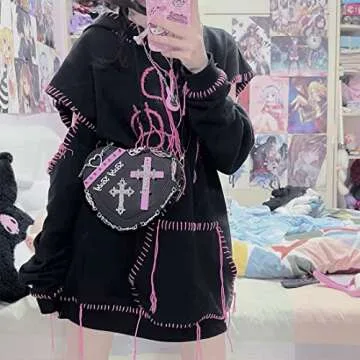 Goth Purse Kawaii Gothic Bag Y2K Heart Shaped Bag Punk Cross Decor Bag Studded Crossbody Bag (Black)