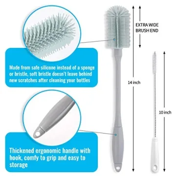14” Silicone Bottle Brush - Cleaning Set for Sports Water Bottle, Baby Bottles, Tumbler, Drinking Glasses, Vase