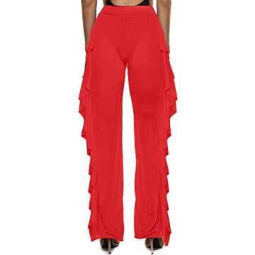 Women's Perspective Sheer Mesh Ruffle Pants Swimsuit Bikini Bottom Cover Up (Red, M)